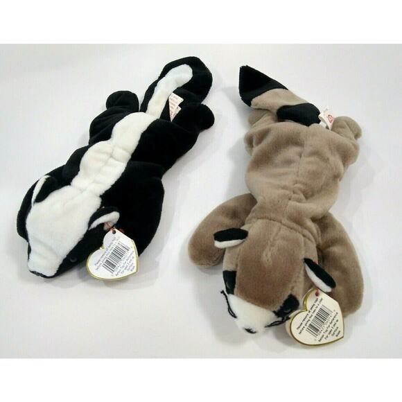 2x Vintage Ty Beanie Babies Ringo the Raccoon + Stinky the Skunk Plush Beanies - Picture 2 of 11